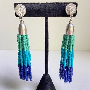 Boho tassel pierced earrings post and dangle with seed beads in blues and greens